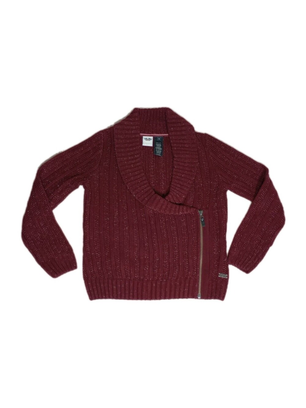 Harley Davidson Sz M Burgundy Shawl Collar Moto Style Side Zip Sweater Cardigan